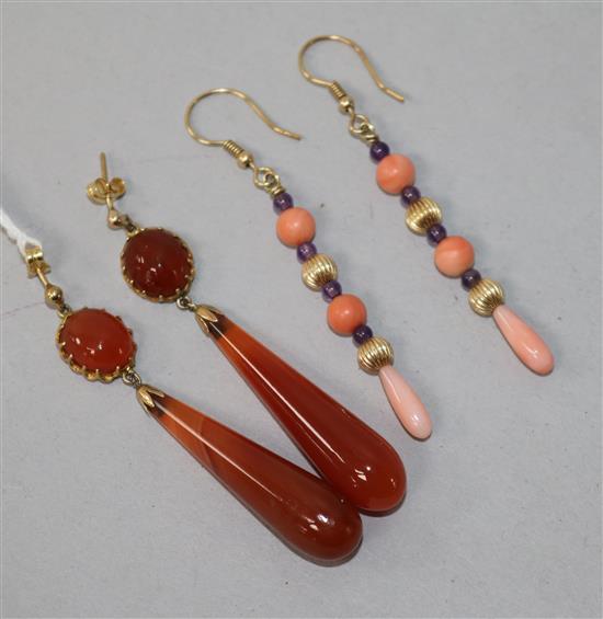 Two pairs of earrings including hardstone.